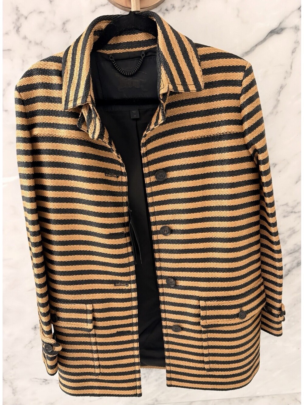 Burberry Prorsum Camel Black Striped Woven Coat Jacket Size 44 NWT